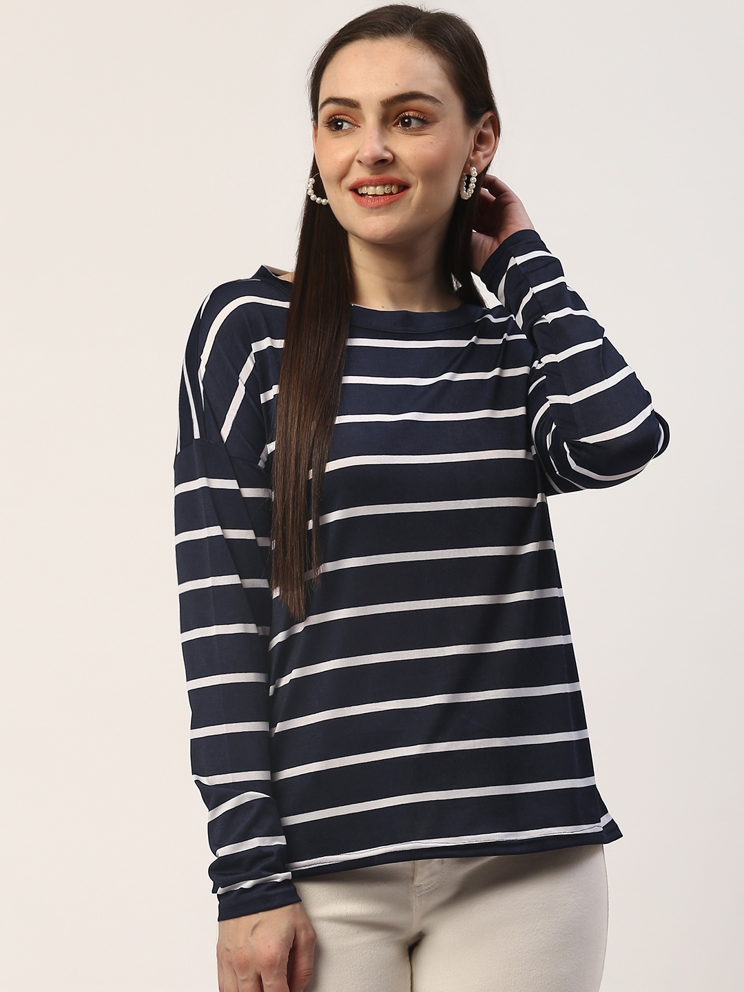 

ZIZO By Namrata Bajaj Women Navy & White Striped Round Neck T-shirt, Navy blue