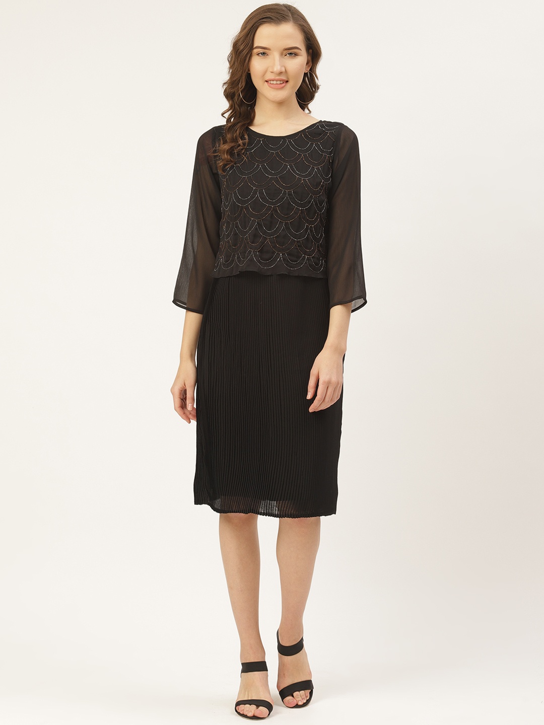 

Antheaa Women Black Embellished Layered Accordion Pleated Sheath Dress