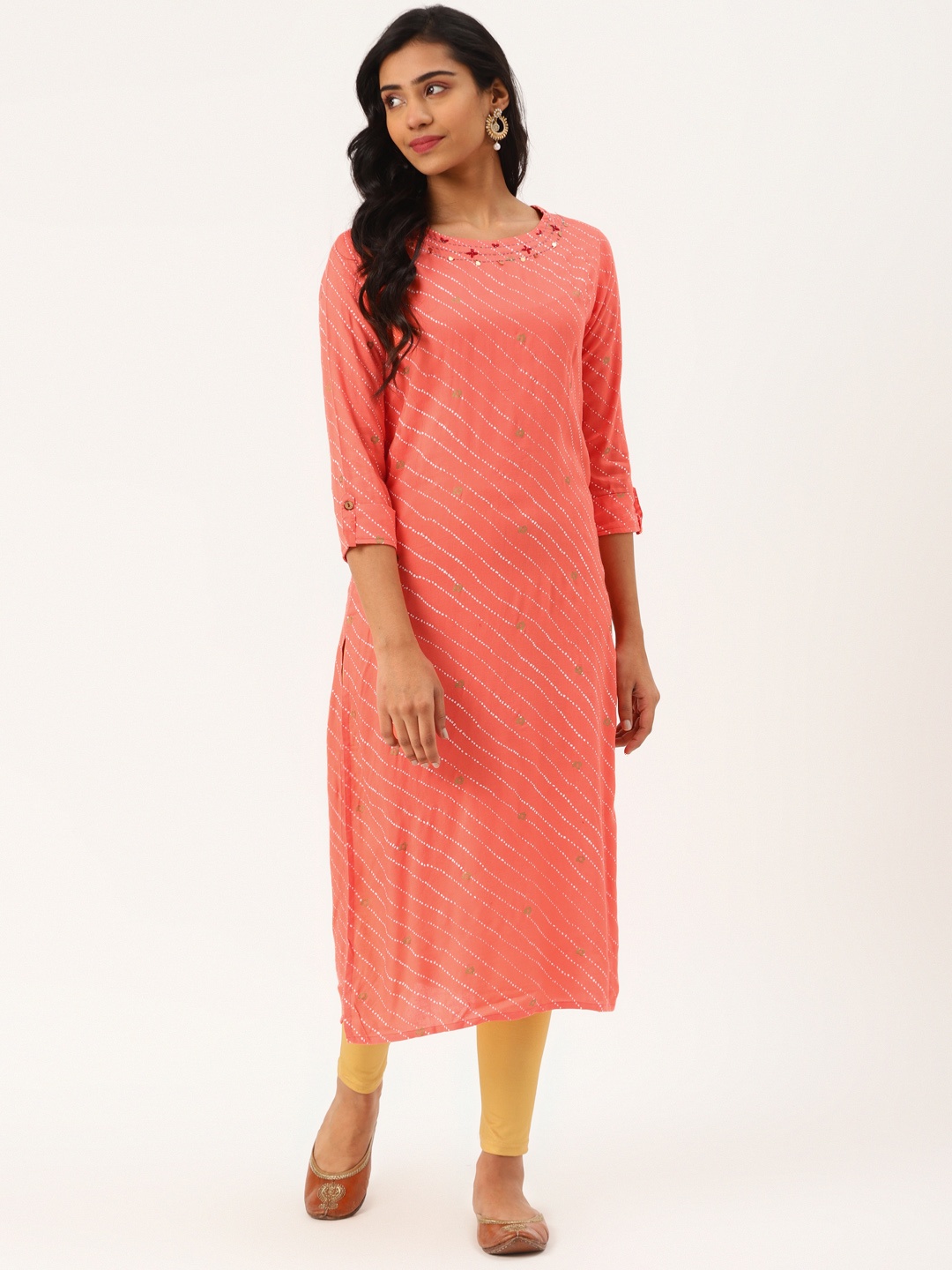 

Blissta Women Coral Orange & White Foil Print Striped Straight Kurta