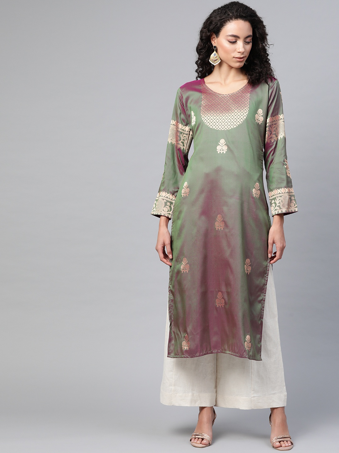 

Blissta Women Olive Green & Pink Dual Toned Woven Design Straight Kurta