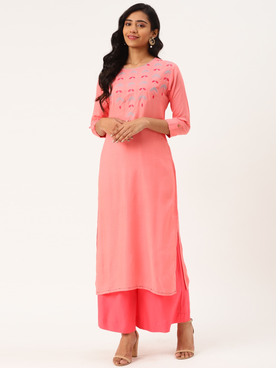 

Blissta Women Pink & Grey Embroidered Yoke Design Straight Kurta