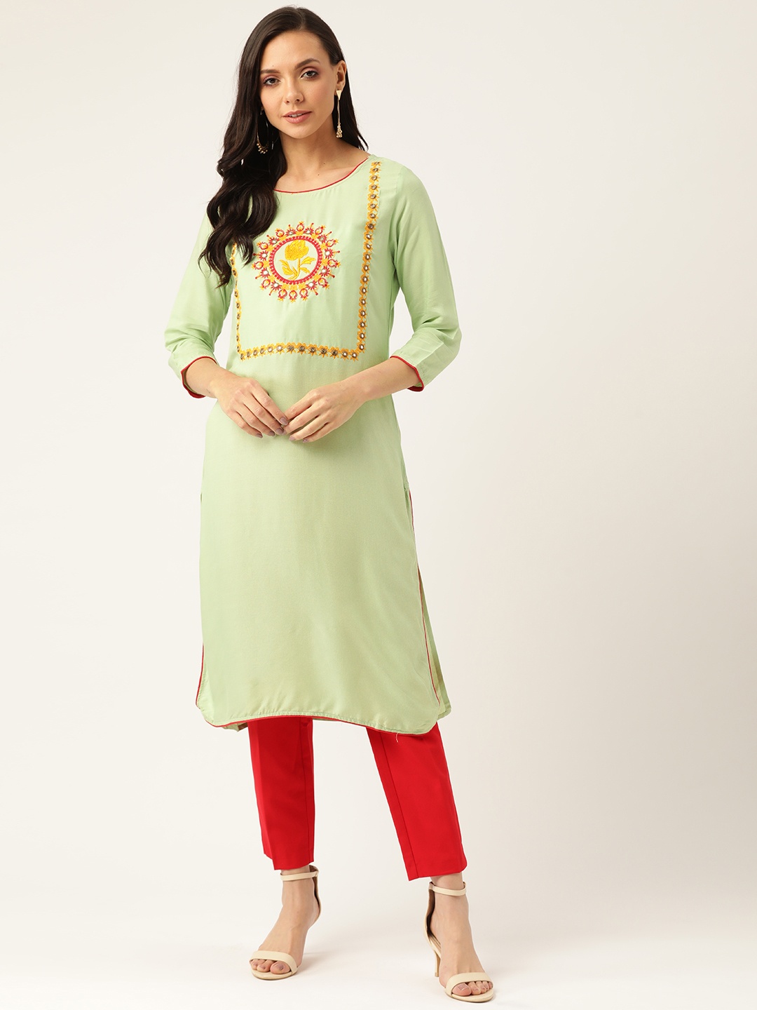 

Blissta Women Green & Mustard Yellow Yoke Design Straight Kurta