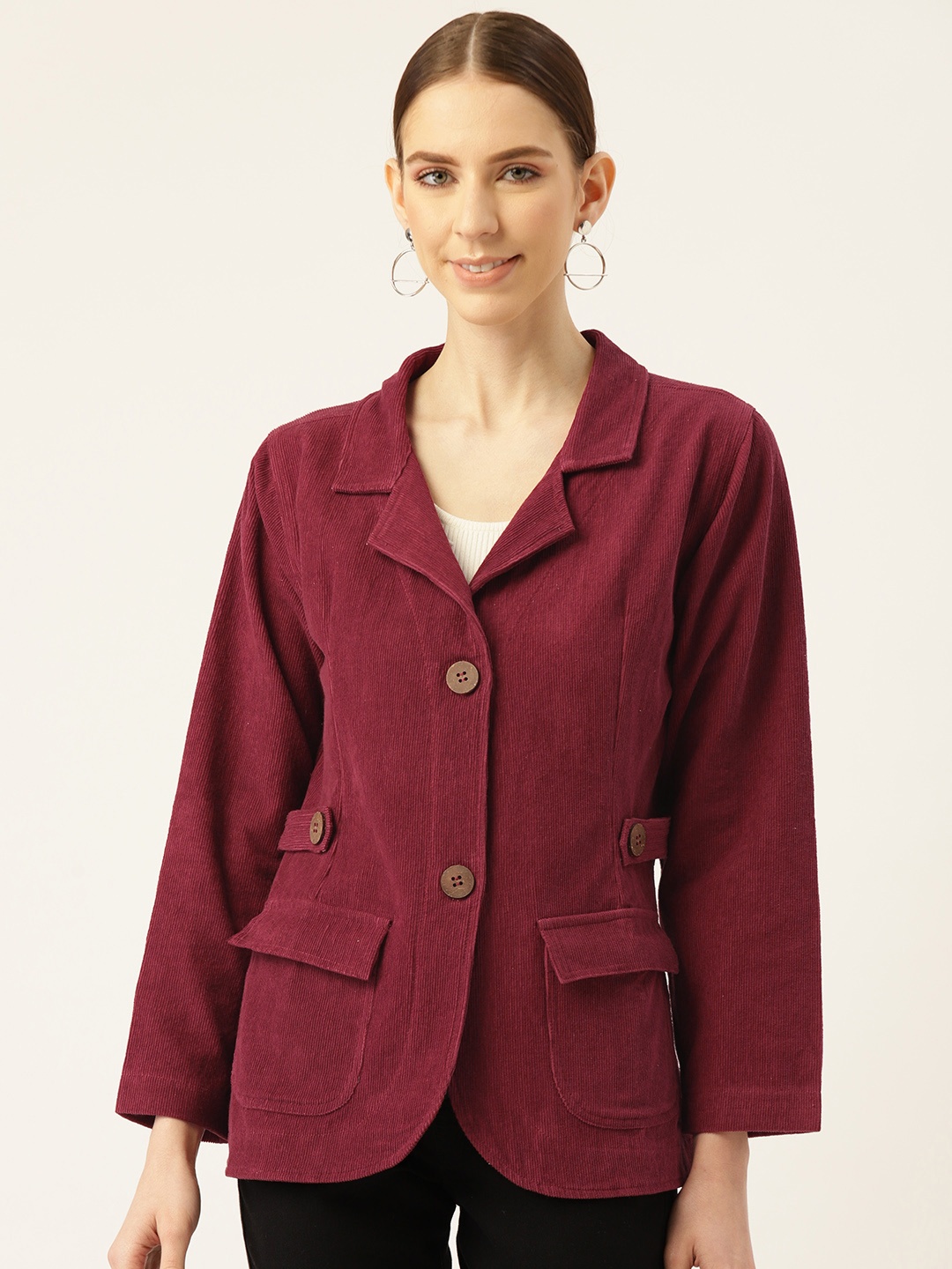 

The Dry State Women Maroon Solid Corduroy Tailored Jacket