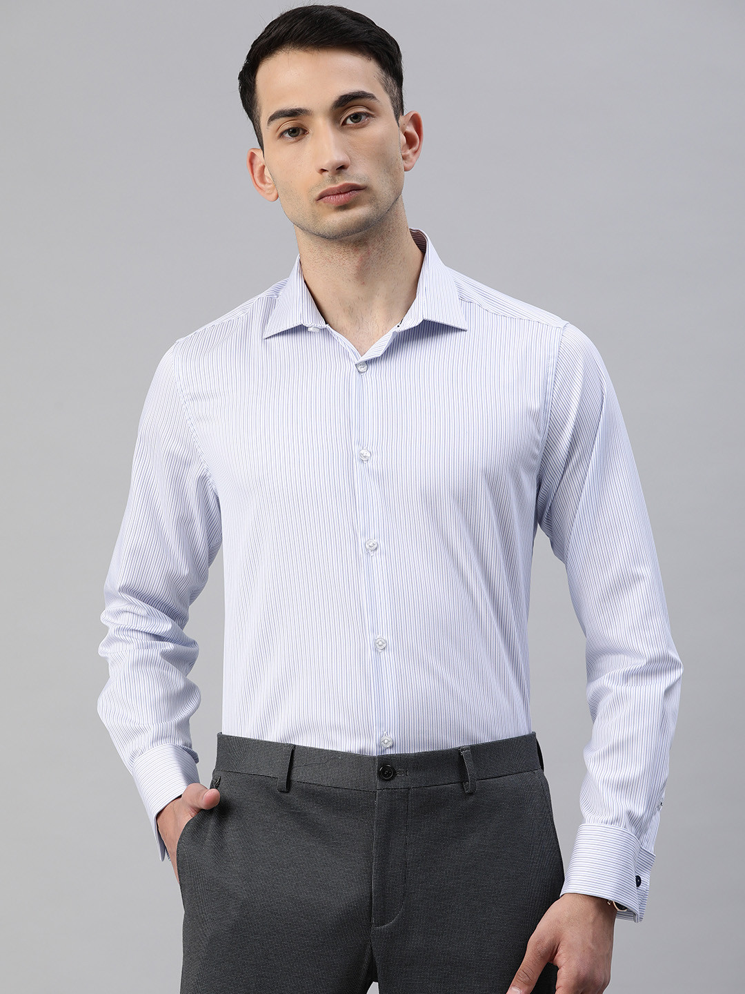 

THE BEAR HOUSE Men White & Blue Slim Fit Striped French Cuff Formal Shirt