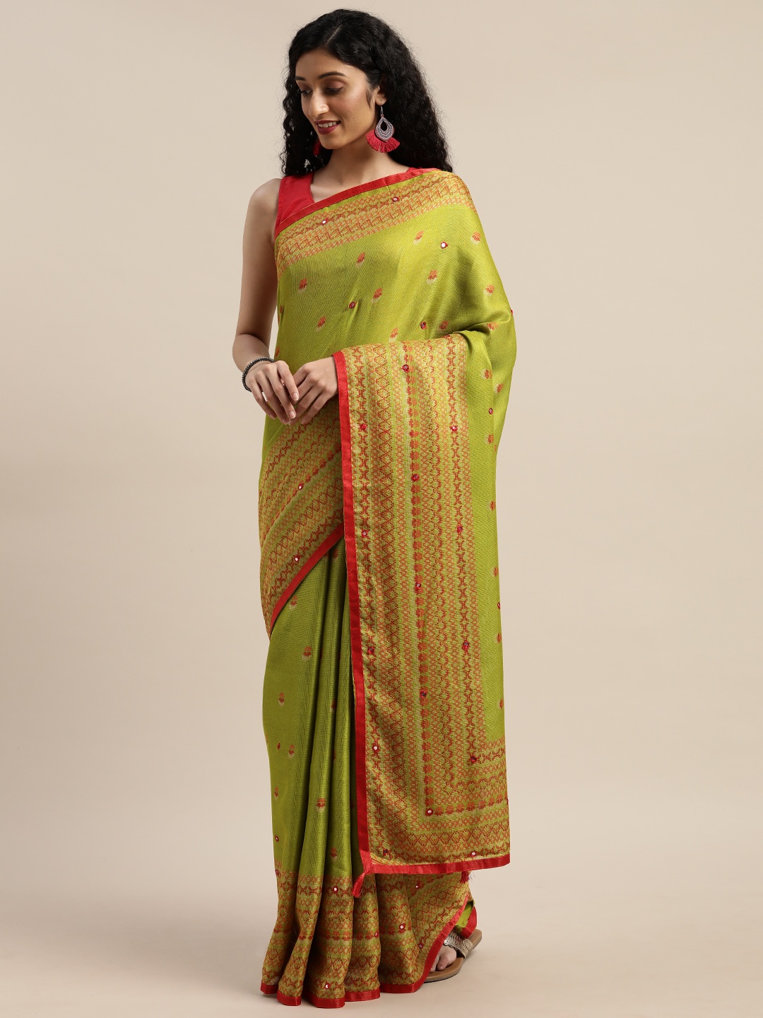 

GoSriKi Lime Green & Red Jute Silk Printed Saree