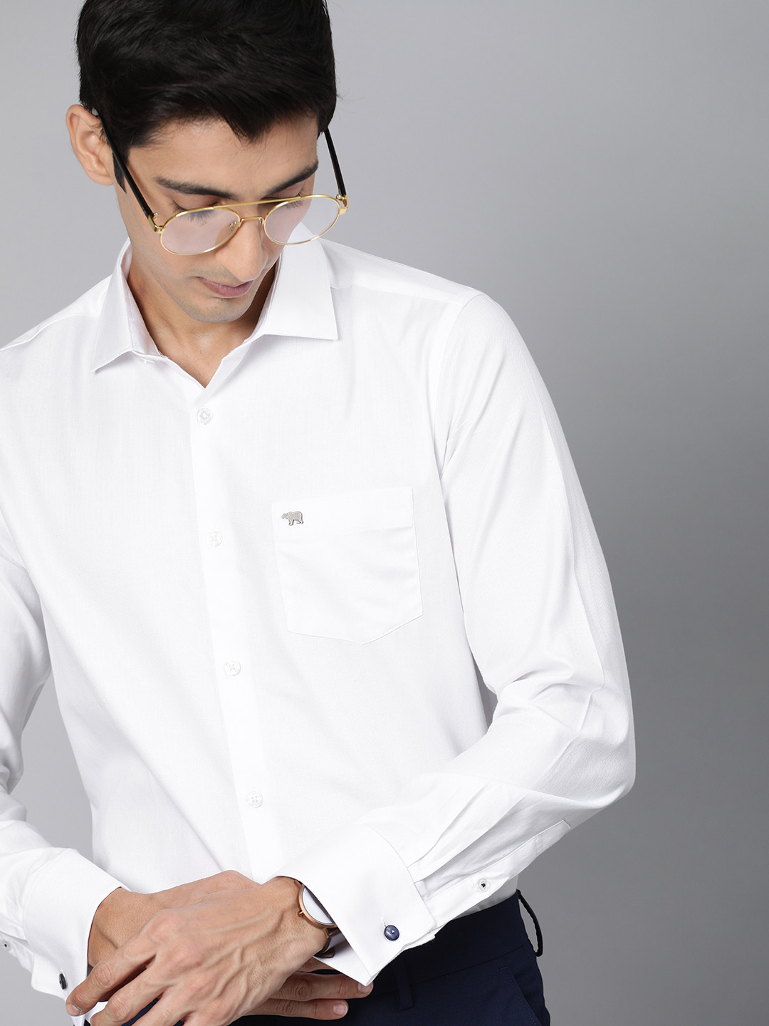

THE BEAR HOUSE Men White Slim Fit Self Design French Cuff Formal Shirt