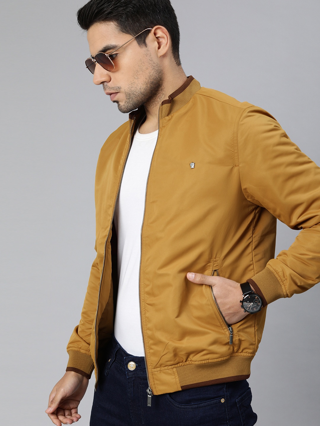 

Louis Philippe Men Mustard Yellow Solid Bomber