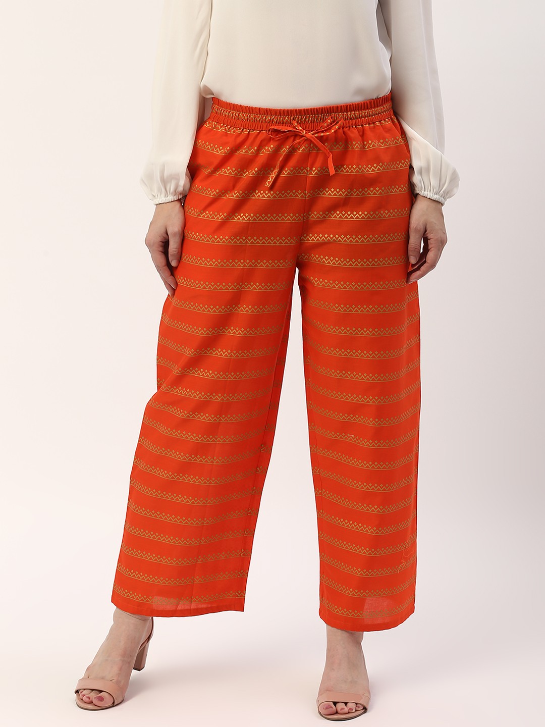 

ZIZO By Namrata Bajaj Women Orange & Golden Striped Straight Palazzos