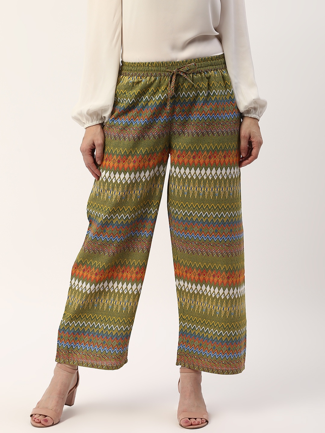 

ZIZO By Namrata Bajaj Women Green & Orange Striped Straight Palazzos