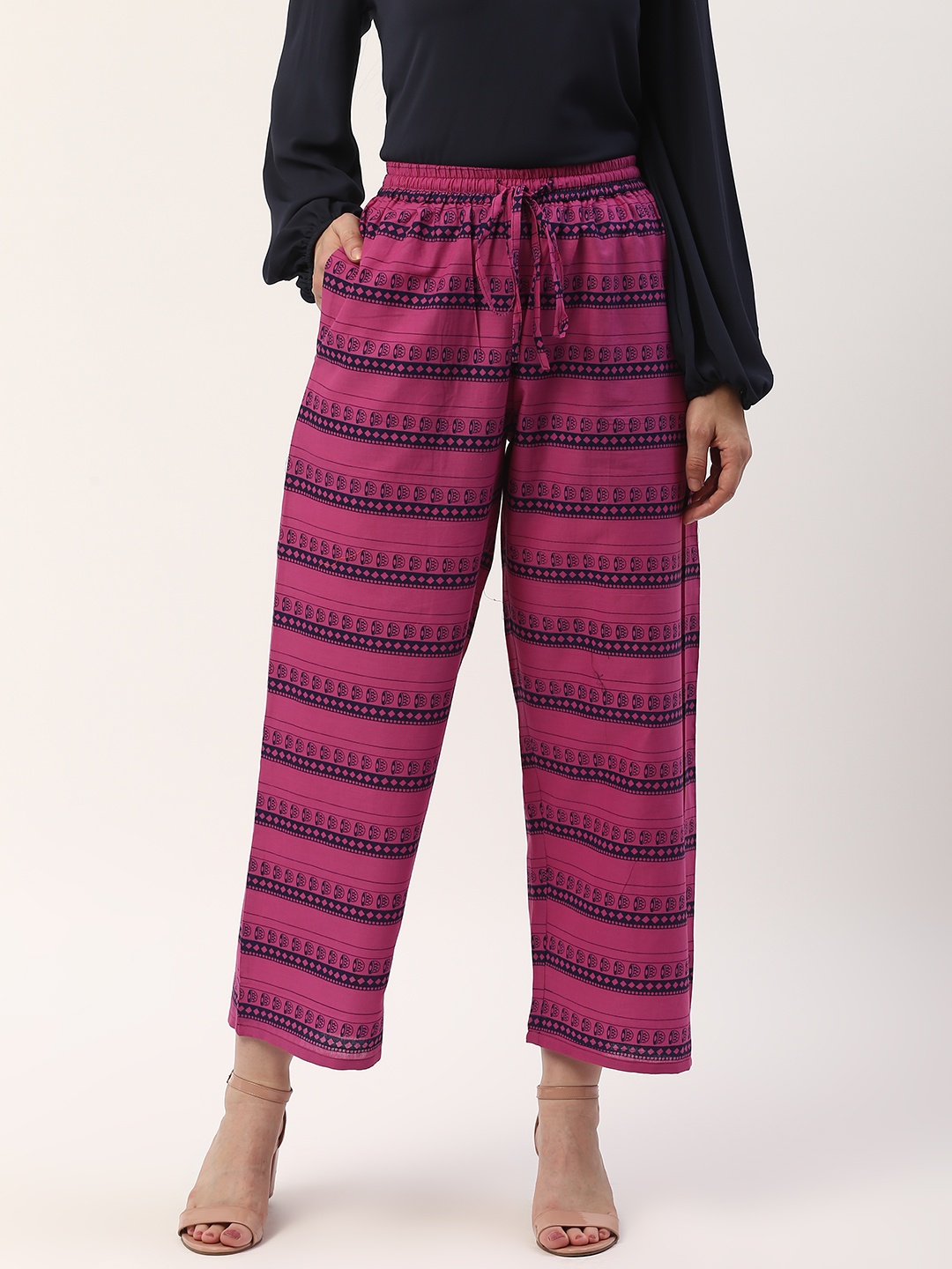 

ZIZO By Namrata Bajaj Women Pink & Navy Blue Striped Straight Cropped Palazzos