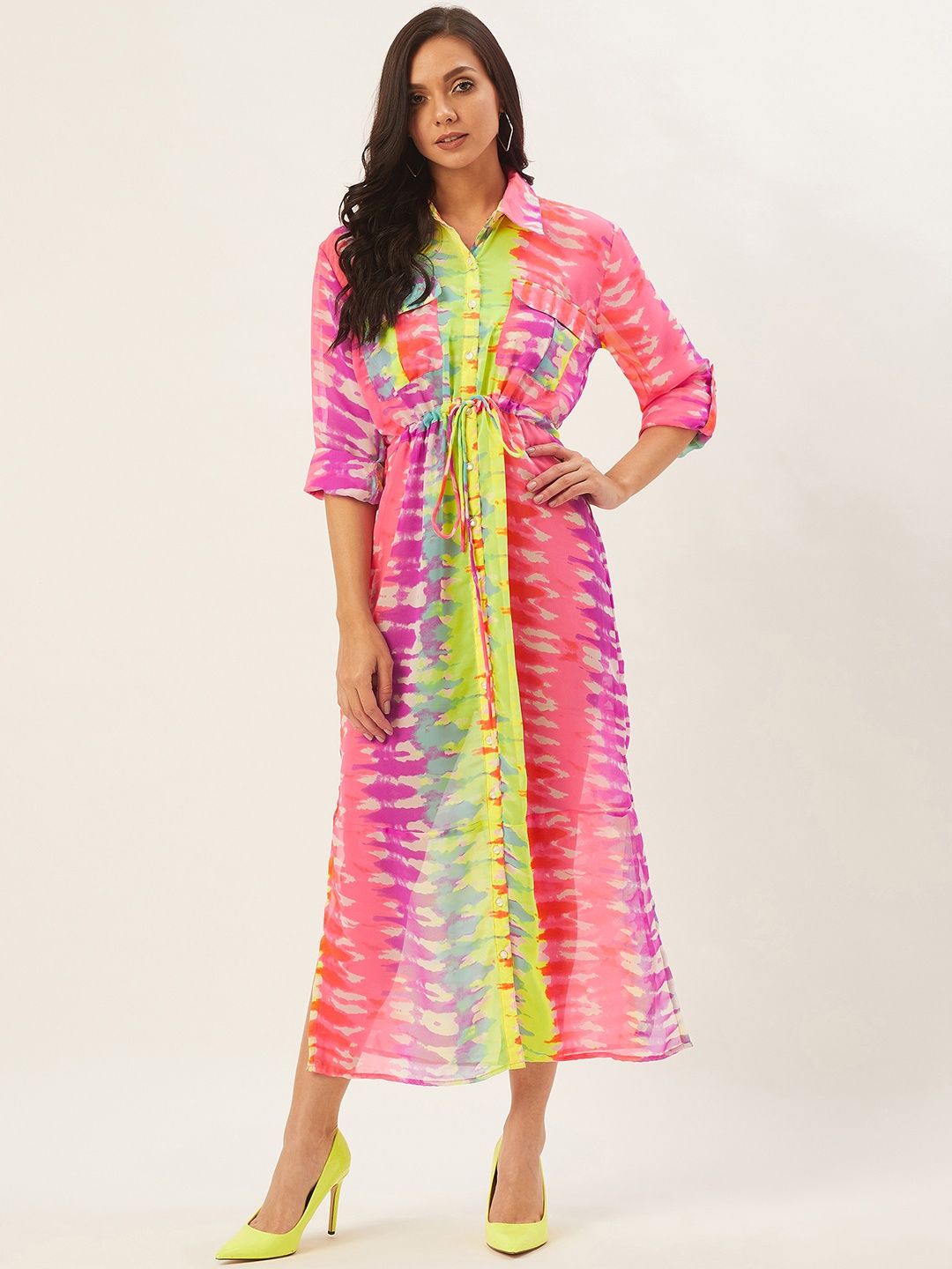

ANVI Be Yourself Multicoloured Tie and Dye Georgette Shirt Midi Dress, Multi