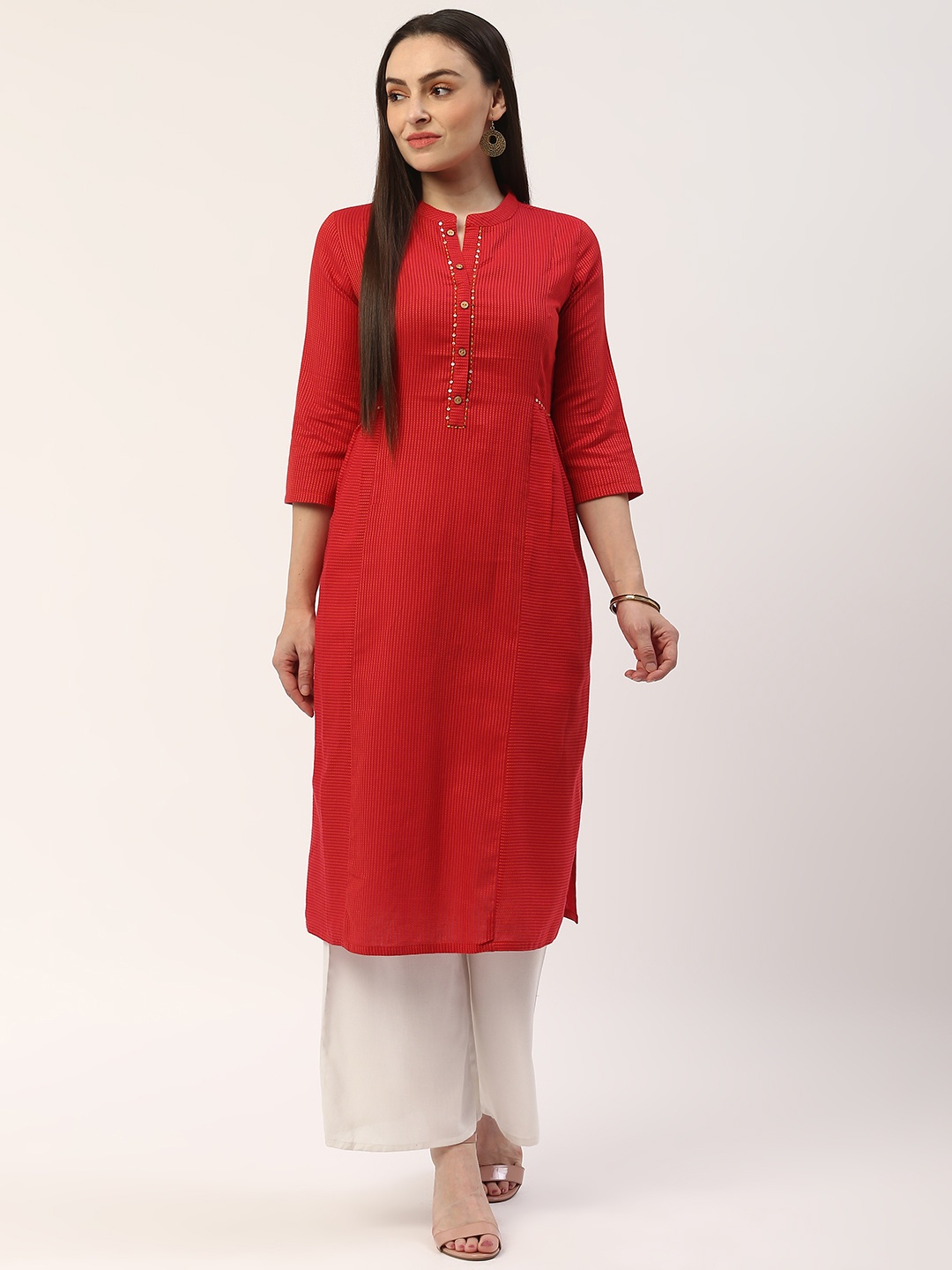 

ZIZO By Namrata Bajaj Women Red Self-Striped Straight Kurta