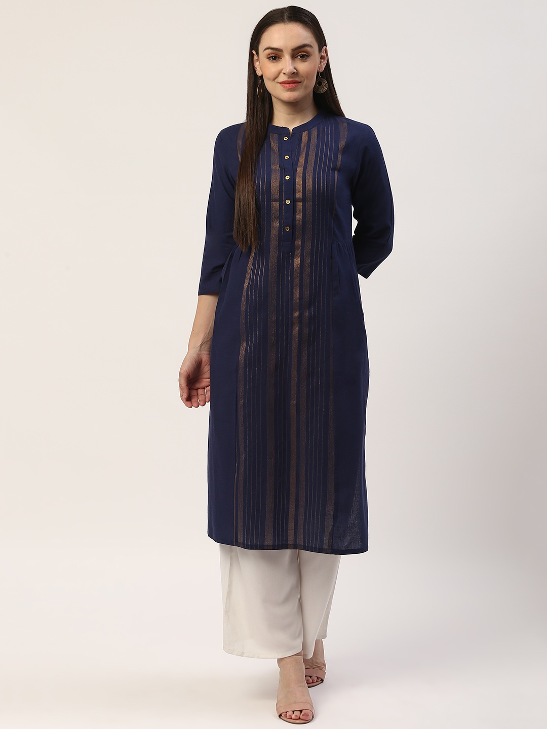 

ZIZO By Namrata Bajaj Women Navy Blue & Golden Striped Straight Kurta
