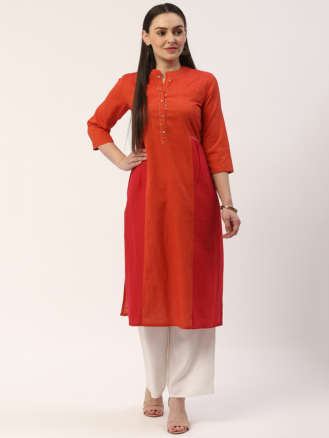 

ZIZO By Namrata Bajaj Women Orange & Red Striped Straight Kurta