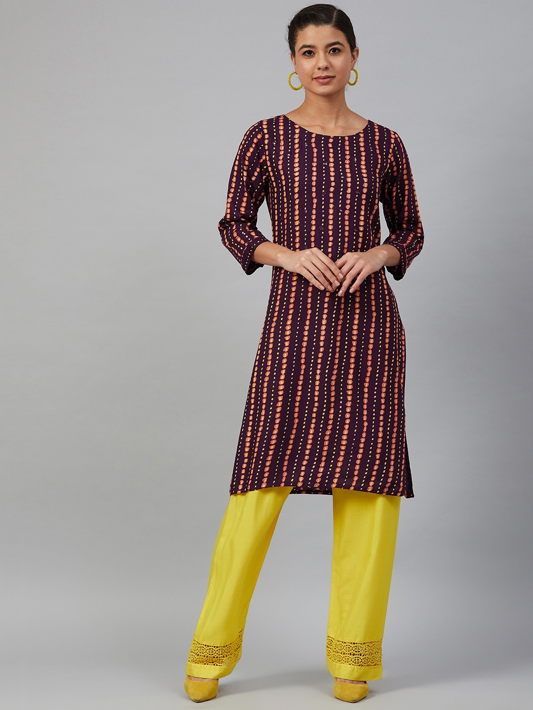 

Meeranshi Women Wine-Coloured & Mustard Yellow Striped Straight Kurta, Burgundy