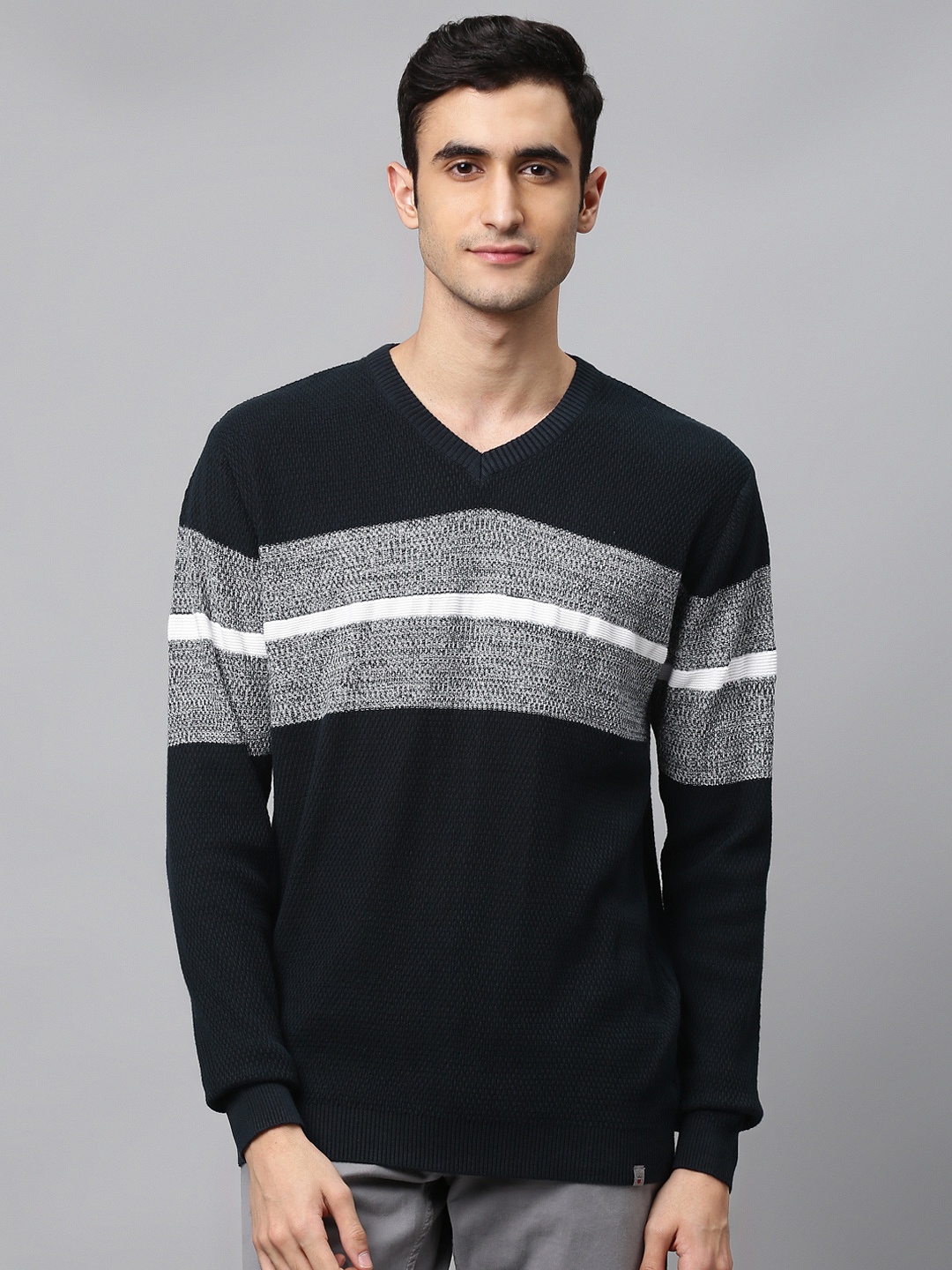 

Louis Philippe Sport Men Navy Blue & White Striped Pullover