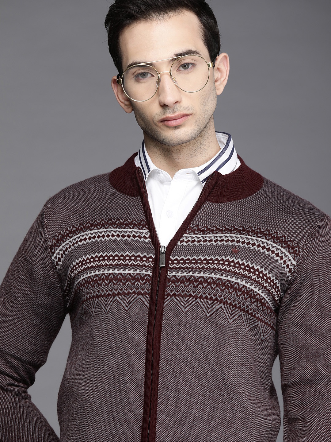 

Louis Philippe Men Maroon & Grey Chevron Cardigan