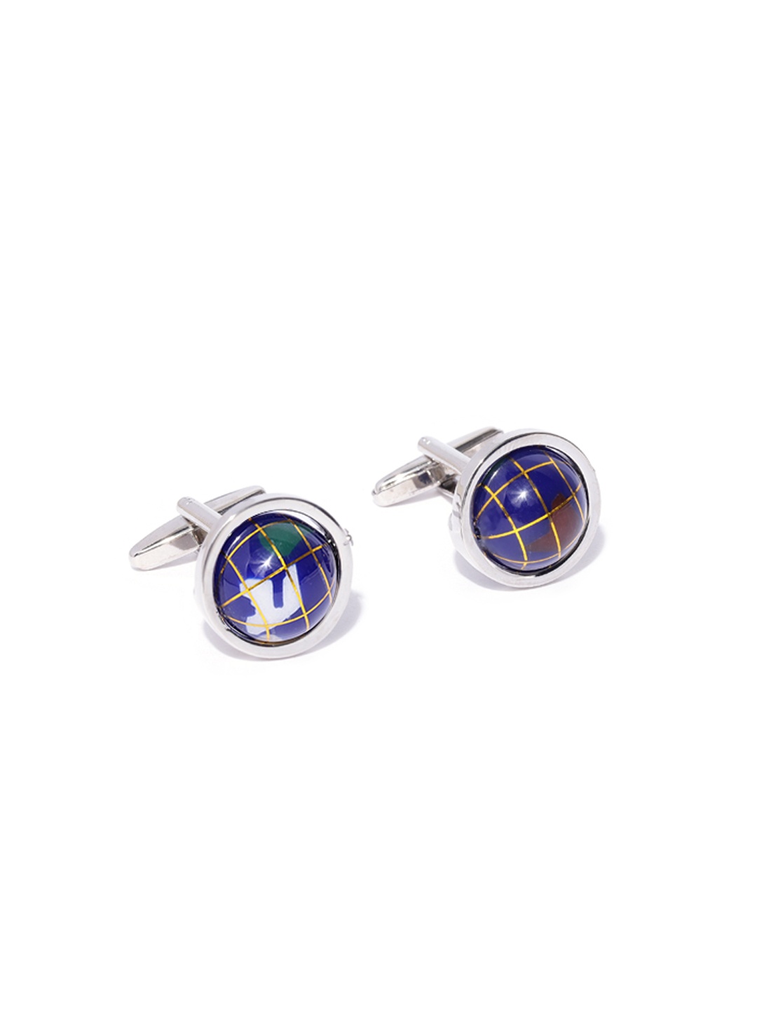 

YouBella Blue & Beige Silver Plated Printed Globe Shaped Cufflinks