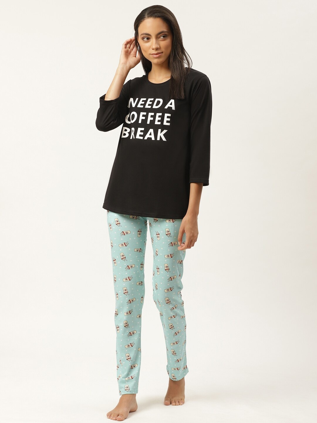 

MBeautiful Women Black & Sea Green Printed Night Suit