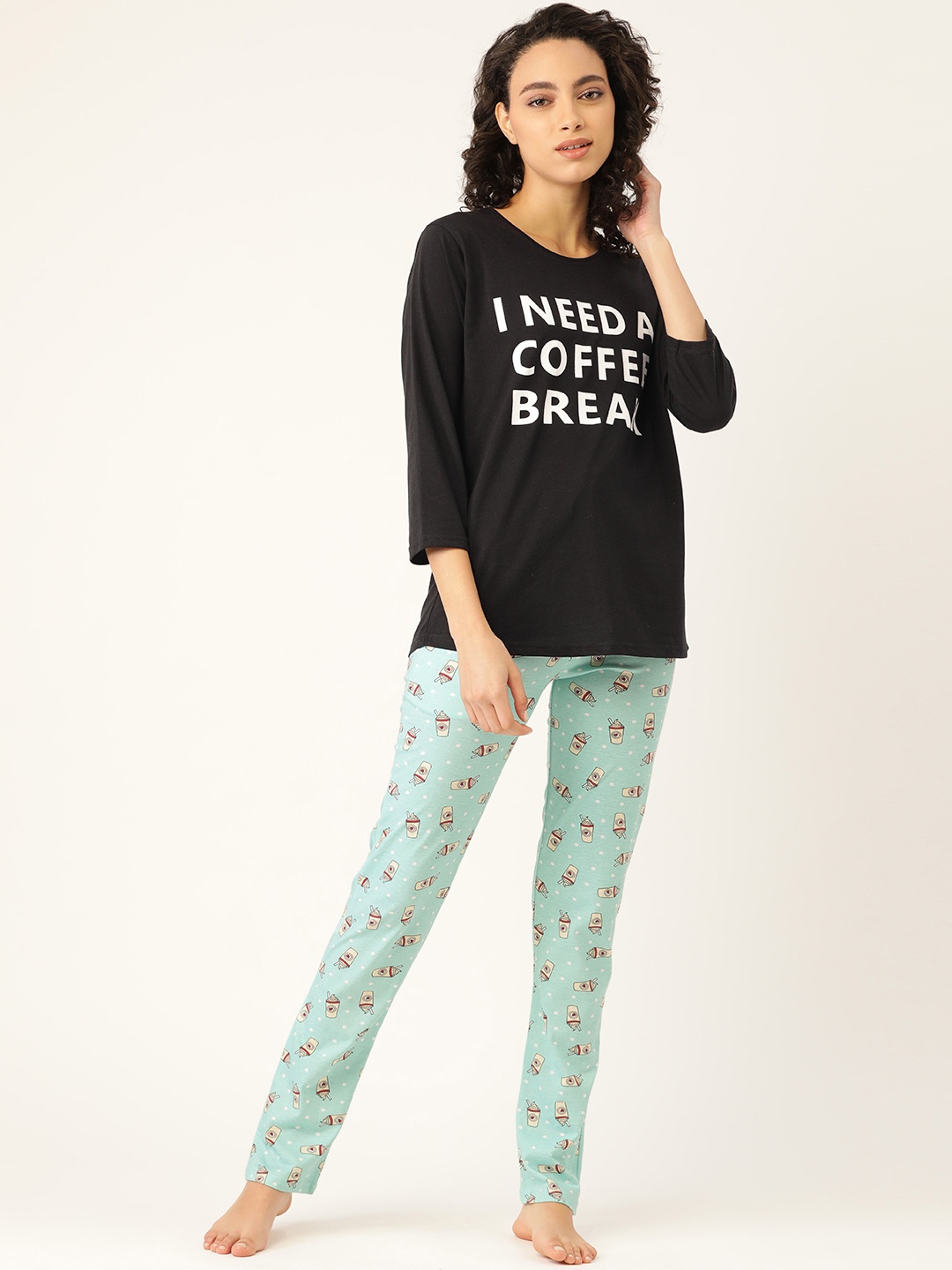 

MBeautiful Women Black & Sea Green Printed Night Suit