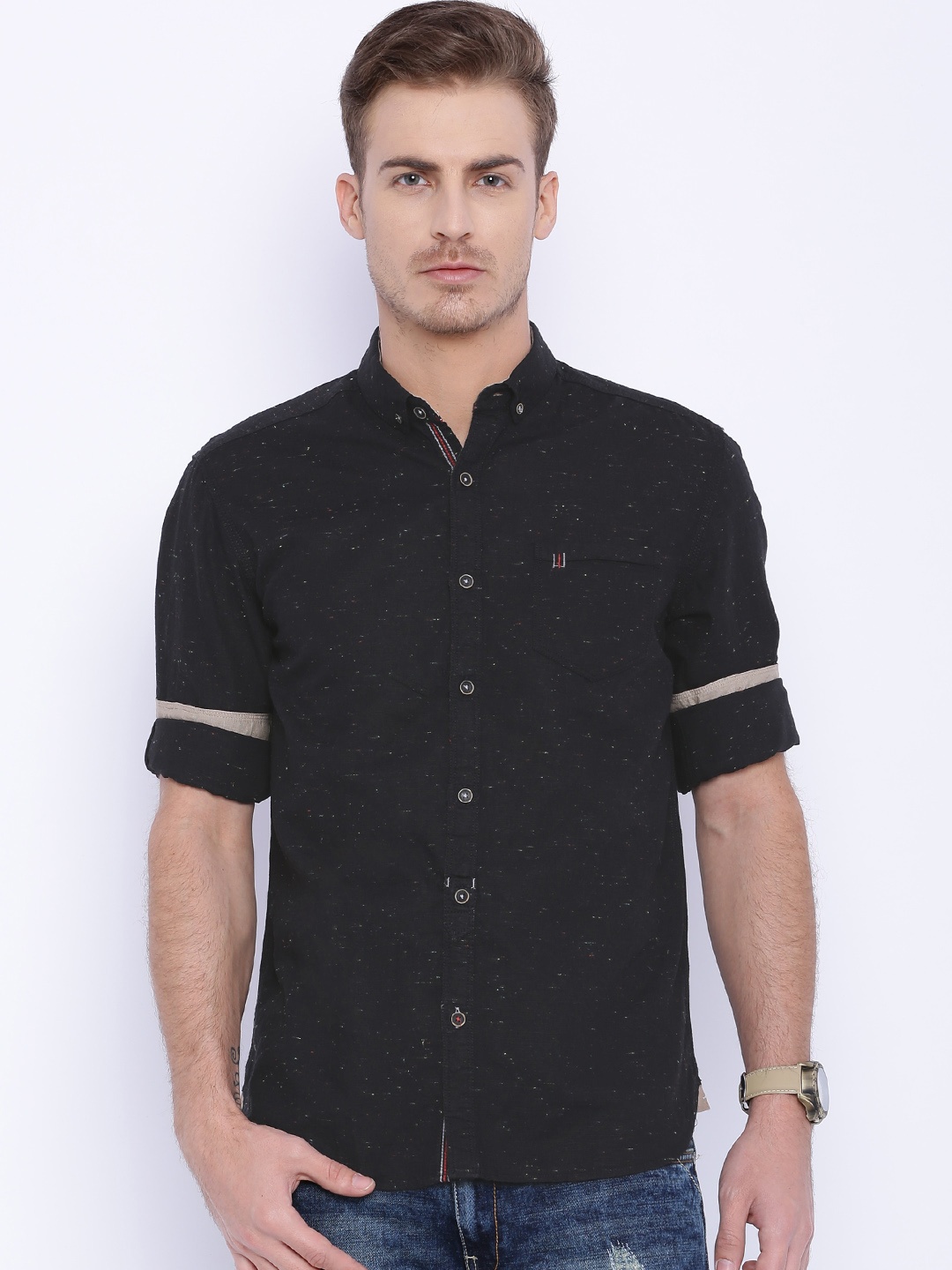 

Locomotive Black Linen Casual Shirt