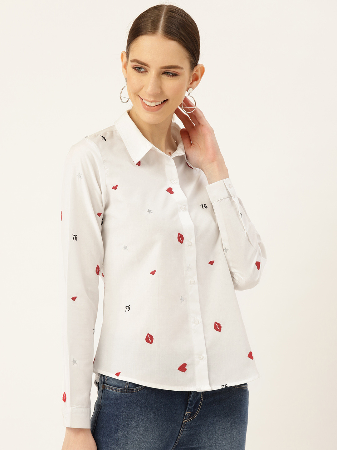 

Off Label Women White & Red Regular Fit Self Design Casual Shirt