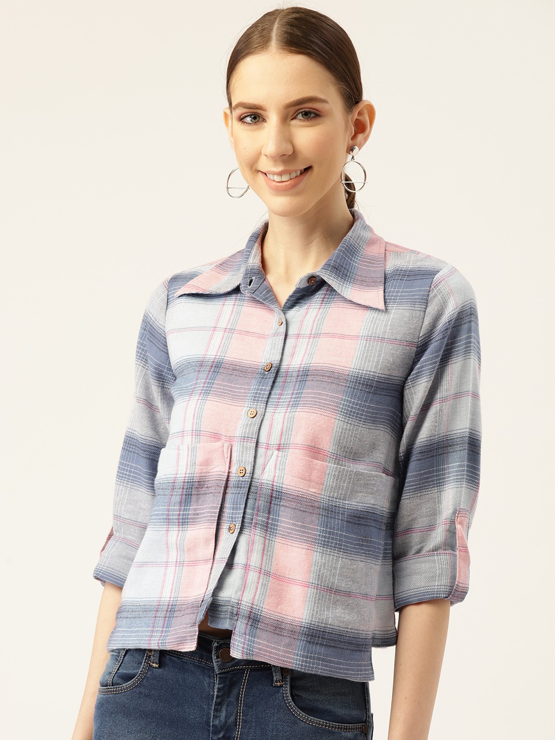 

Off Label Women Blue & Pink Regular Fit Checked Casual Shirt