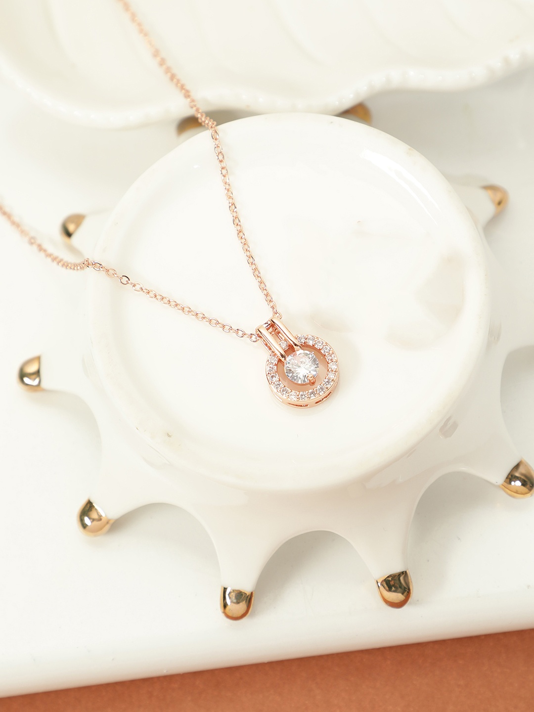 

AQUASTREET Women 18K Rose Gold Plated & White Austrian Crystal Studded Pendant With Chain