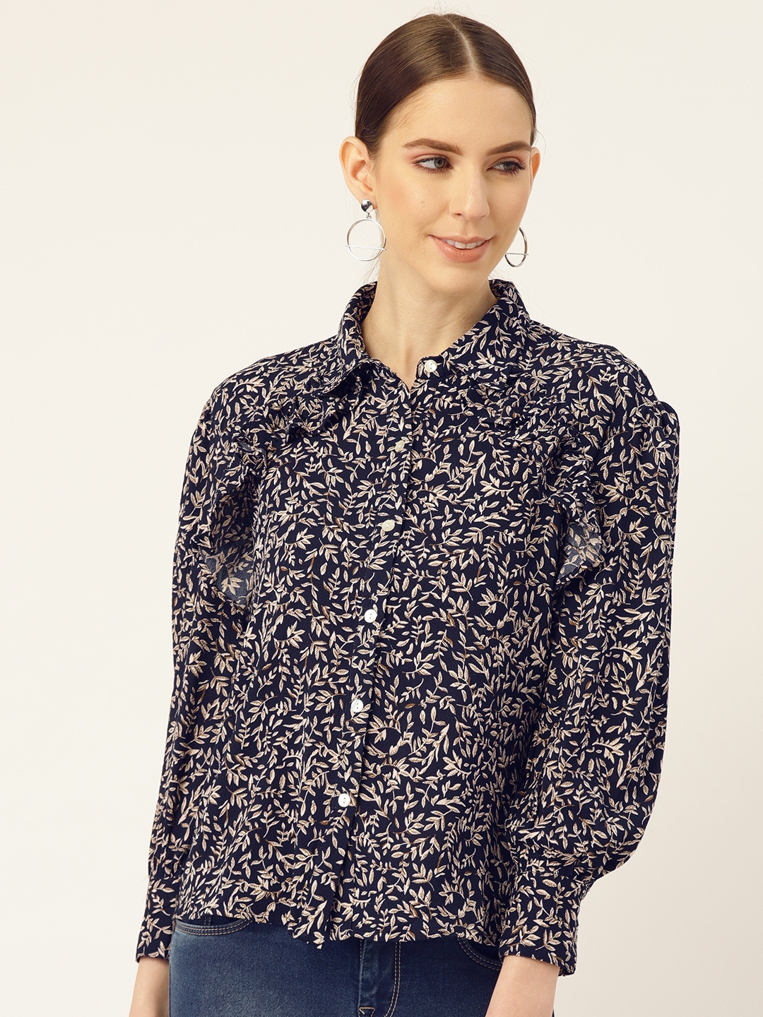 

Off Label Women Navy Blue & Brown Regular Fit Floral Printed Casual Shirt