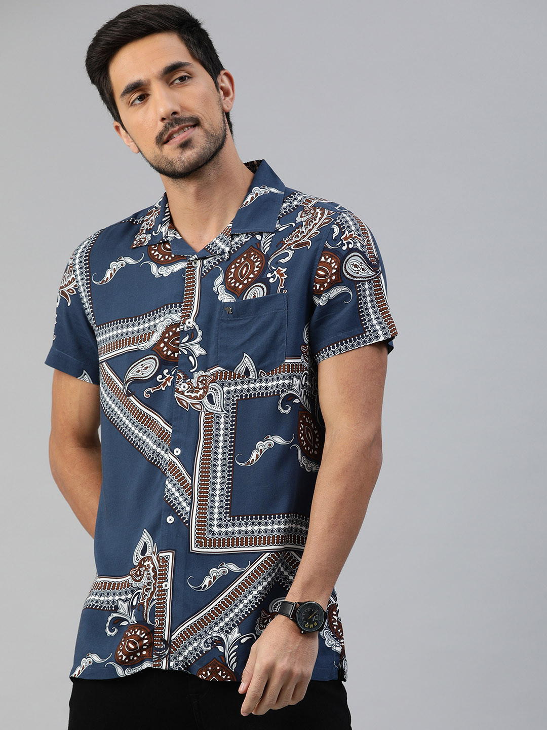 

THE BEAR HOUSE Men Navy Blue & White Slim Fit Scarf Printed Bowling Collar Casual Shirt