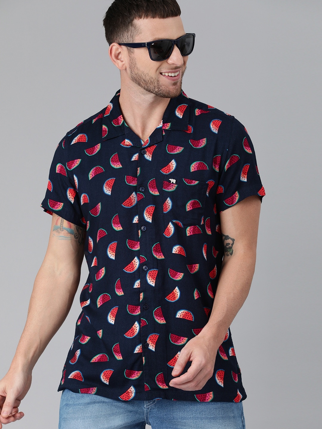 

THE BEAR HOUSE Men Navy Blue & Red Slim Fit Watermelon Print Casual Shirt