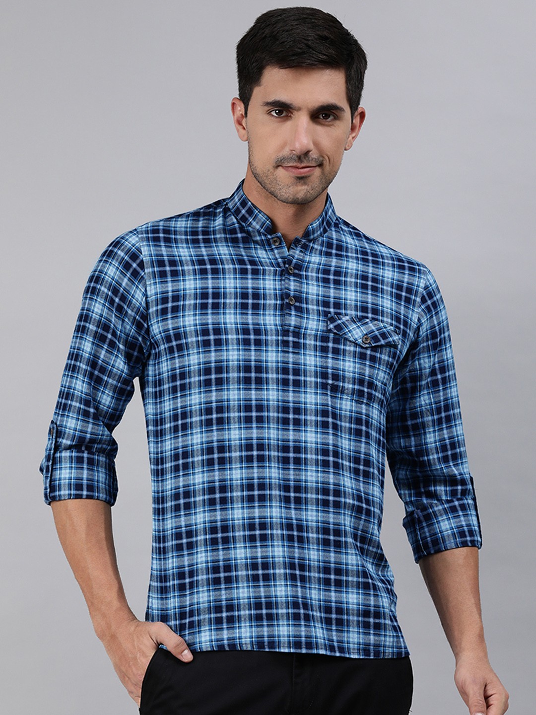 

Ethnix By Raymond Men Blue Checked Mandarin Collar Short Kurta
