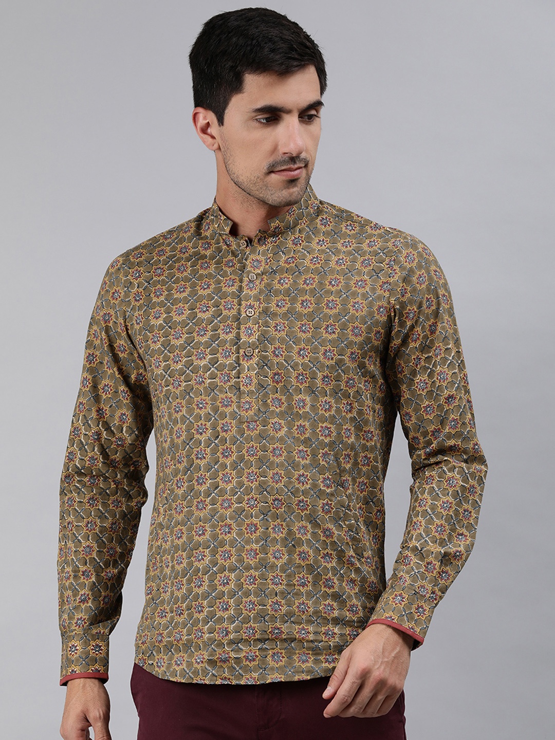 

Ethnix By Raymond Men Olive Green & Blue Ethnic Motifs Printed Kurta