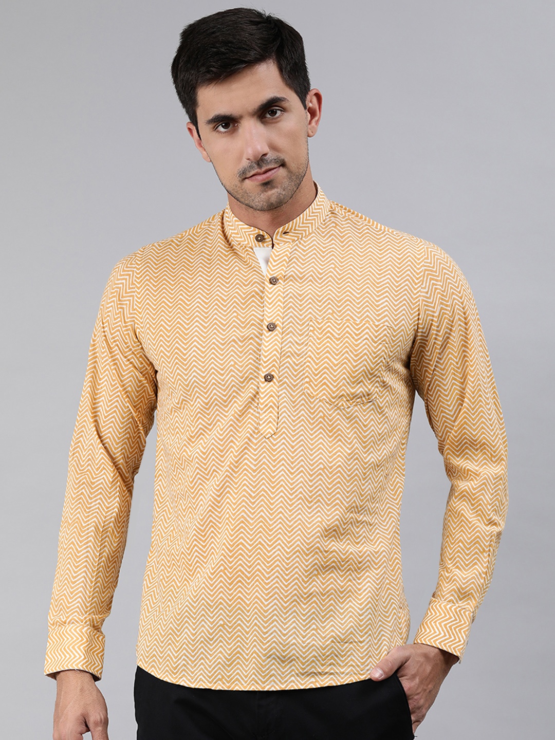 

Ethnix By Raymond Men Beige & White Chevron Printed Pure Cotton Kurta