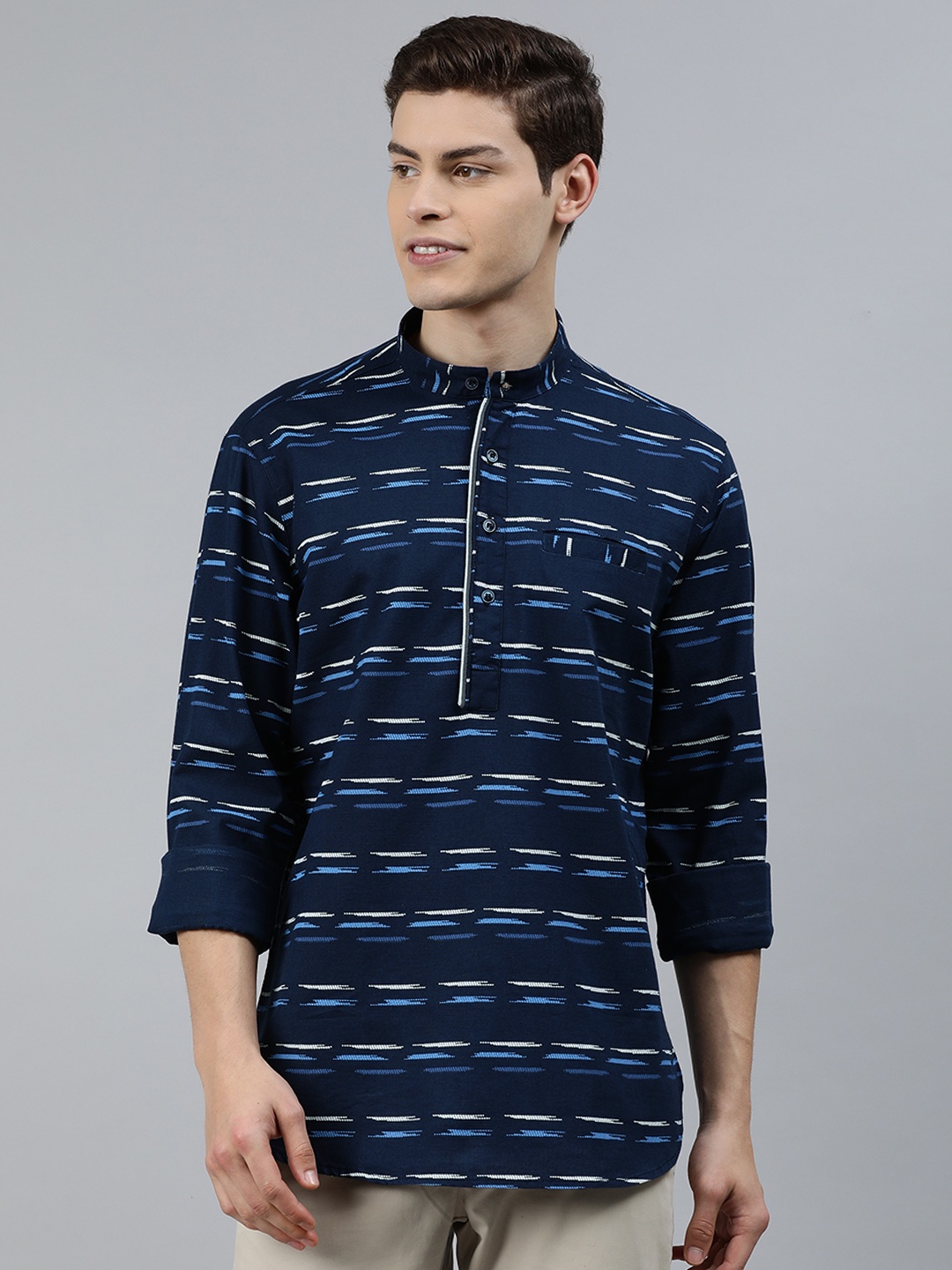 

Ethnix by Raymond Men Blue & White Woven Design Straight Kurta