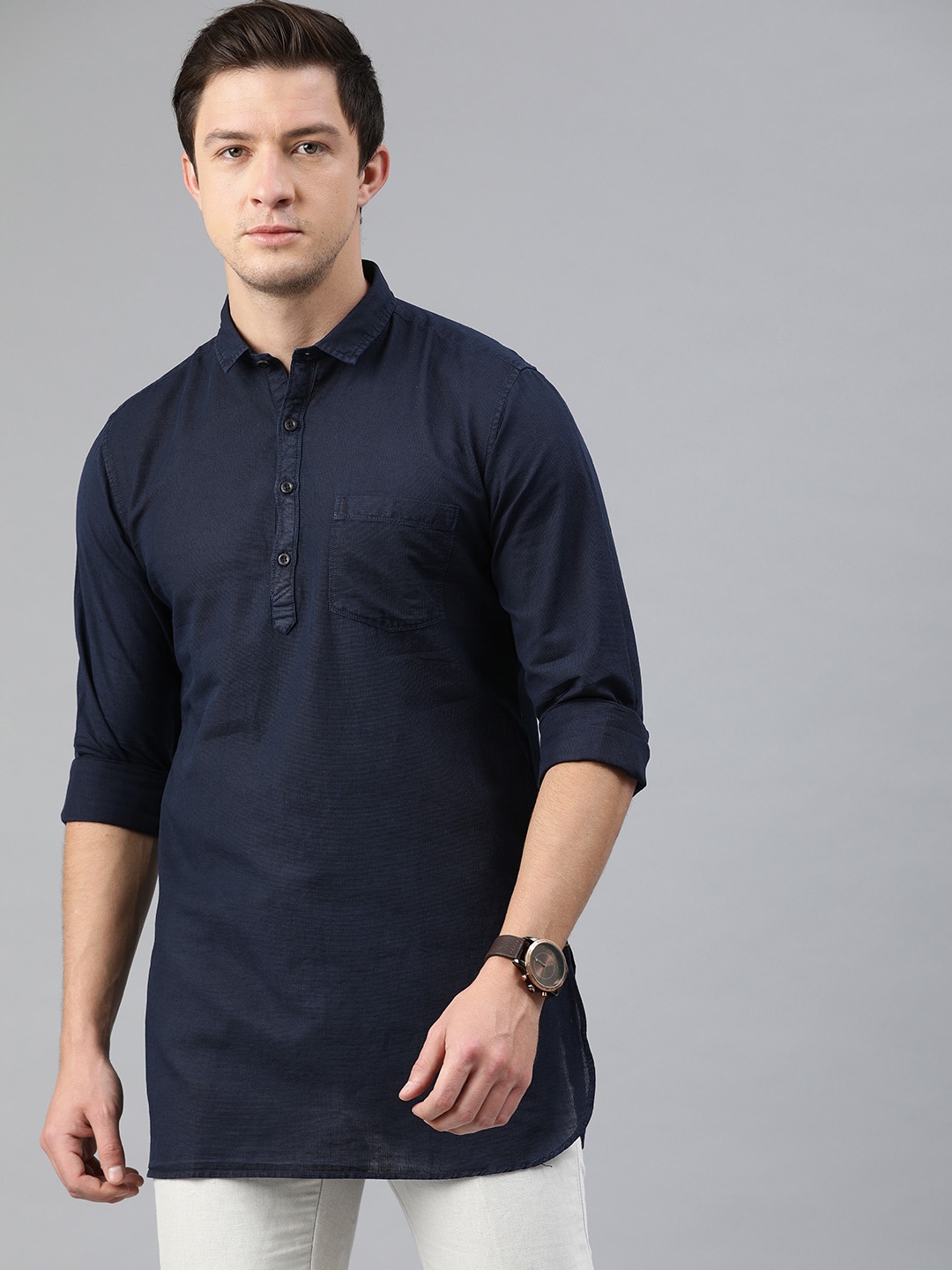 

Ethnix by Raymond Men Navy Blue Solid Straight Kurta