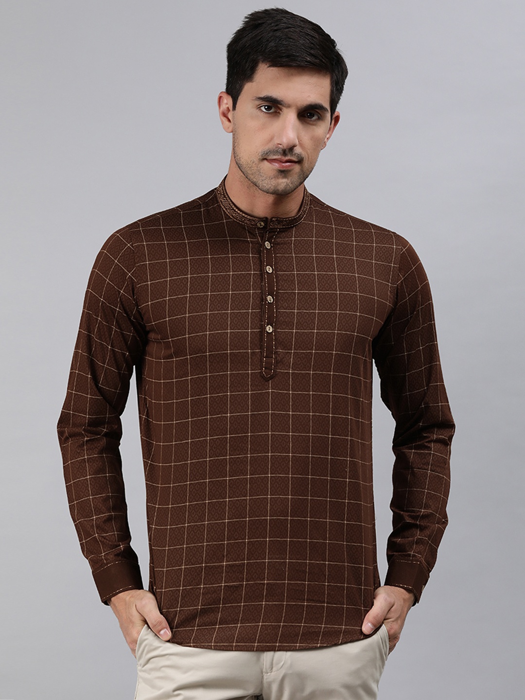 

Ethnix By Raymond Men Brown & White Checked Kurta