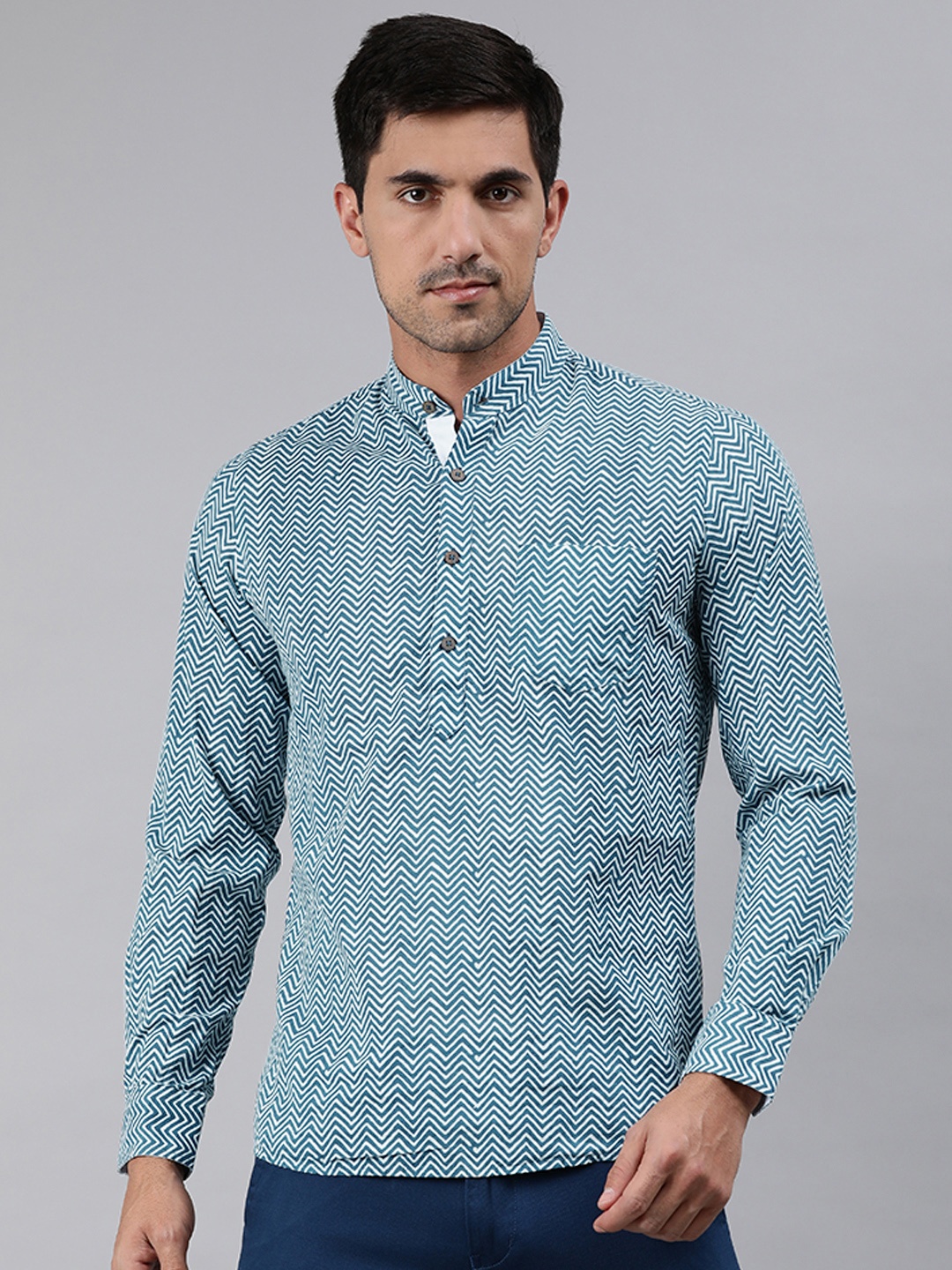 

Ethnix By Raymond Men Teal Blue & White Chevron Printed Kurta