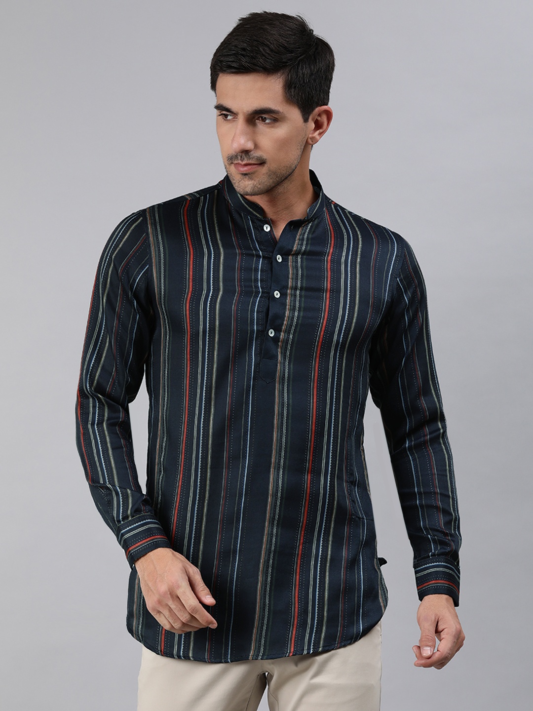 

Ethnix By Raymond Men Black & Red Striped Kurta