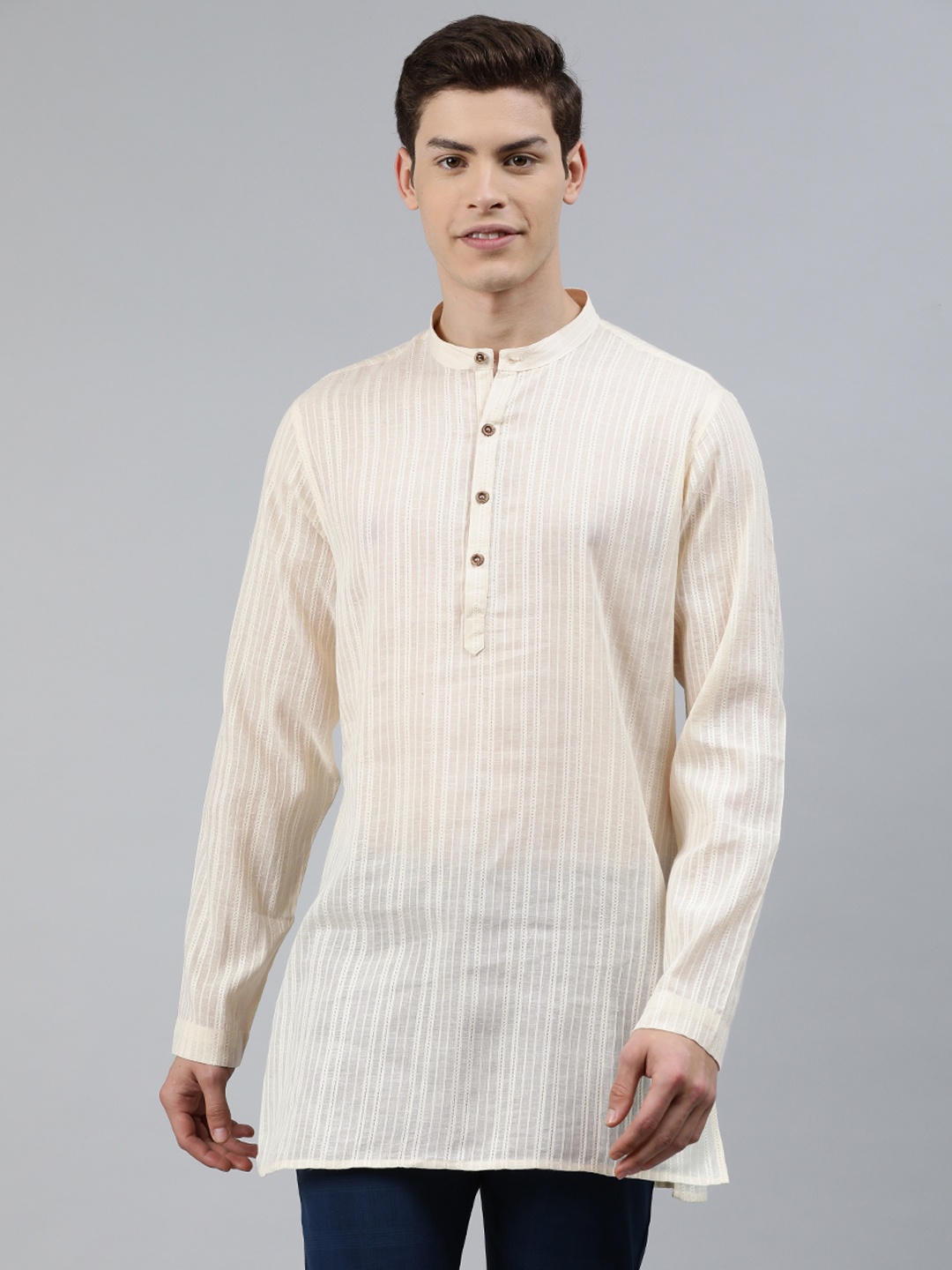 

Ethnix by Raymond Men Off-White Striped Straight Kurta