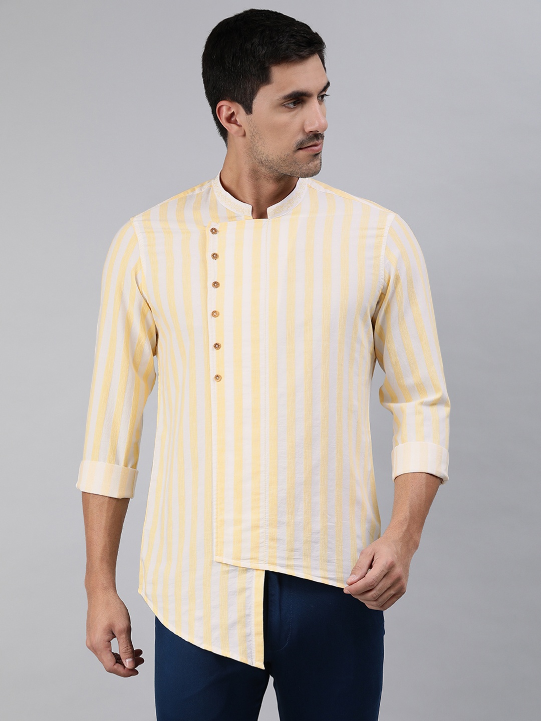 

Ethnix By Raymond Men Yellow & White Striped Kurta