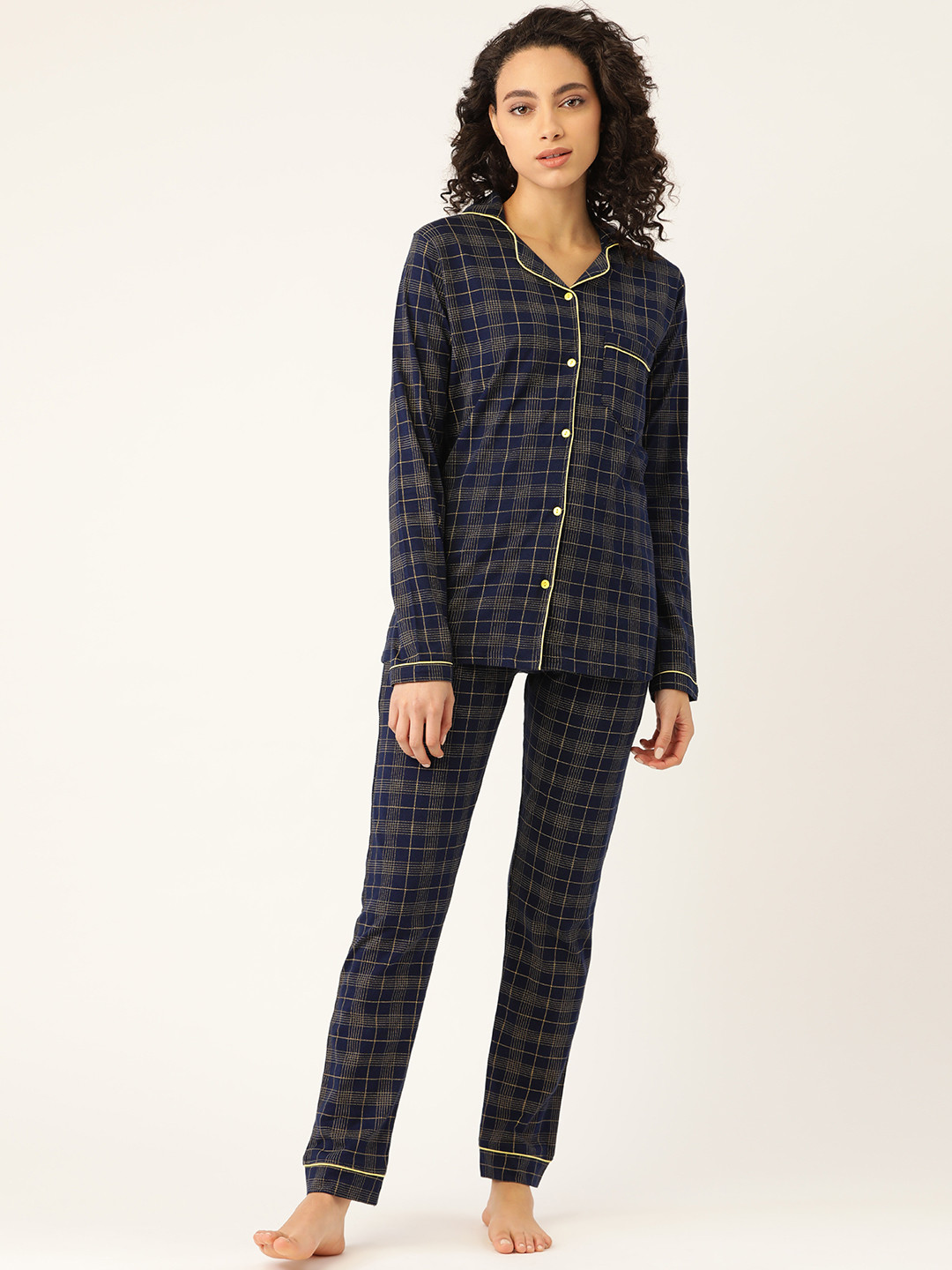 

MBeautiful Women Navy Blue & Yellow Checked Night Suit