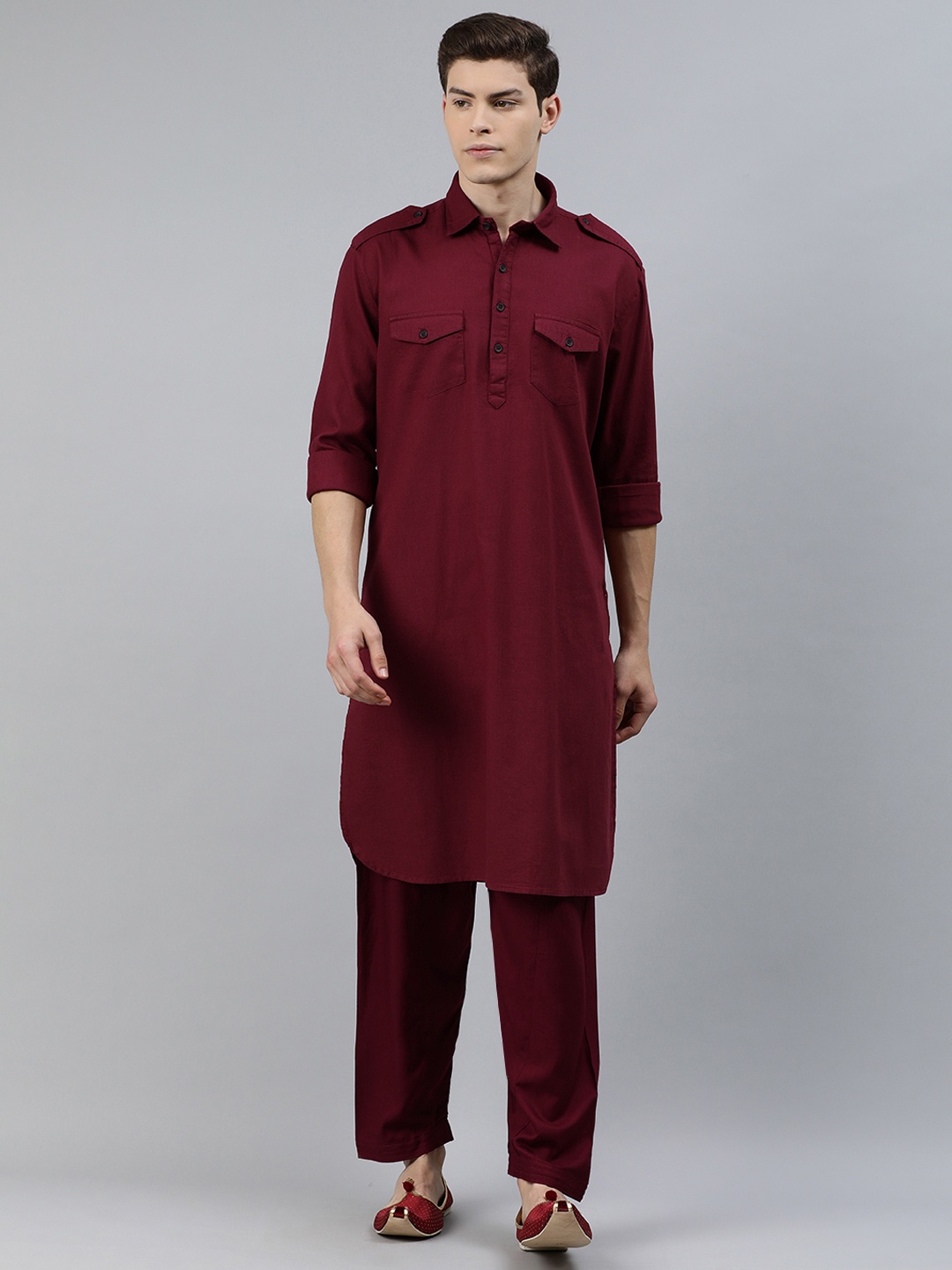 

Ethnix by Raymond Men Maroon Solid Pathani Kurta with Pyjamas