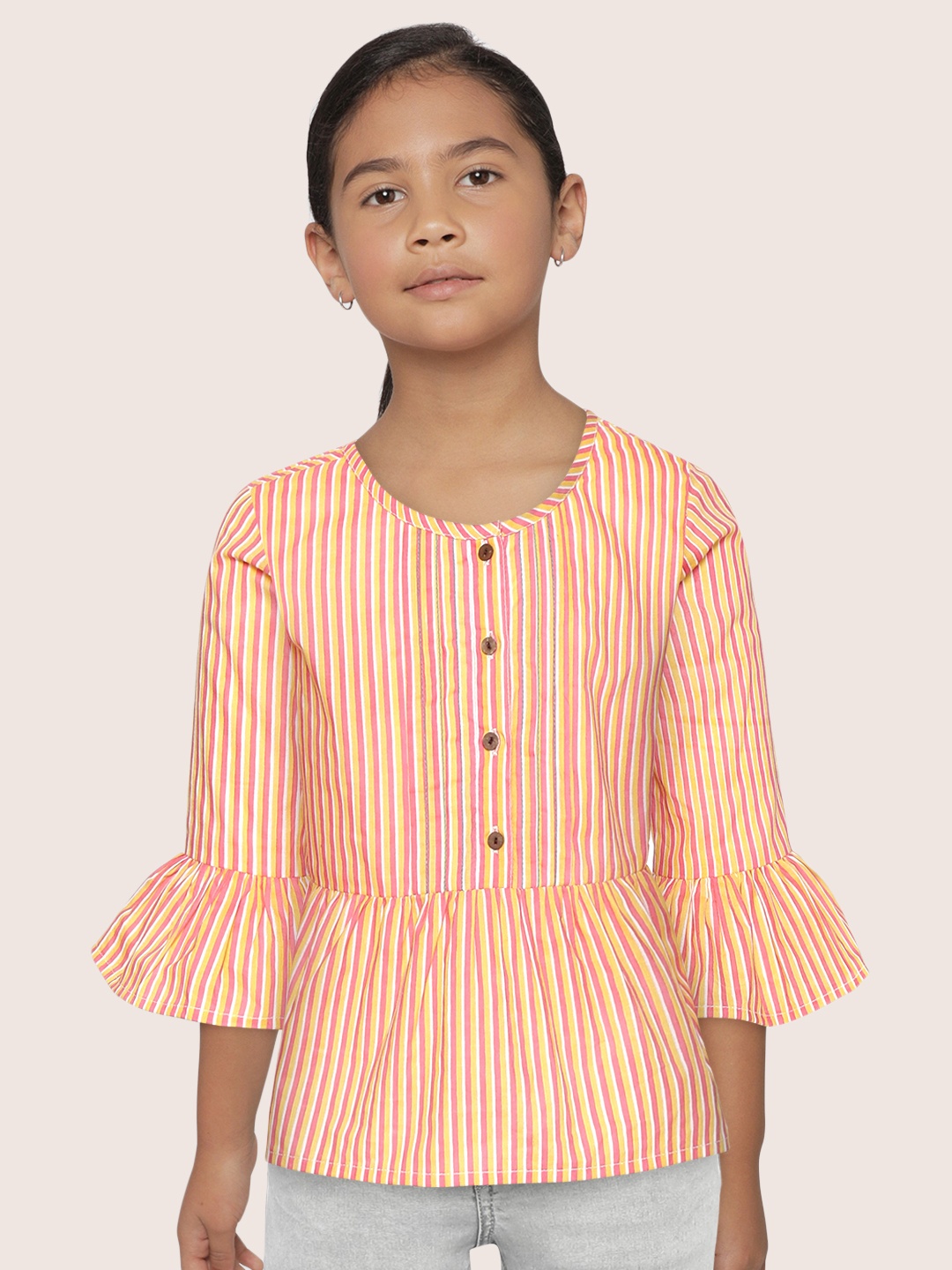 

Sangria Girls Peach-Coloured & Yellow Striped A-Line Top