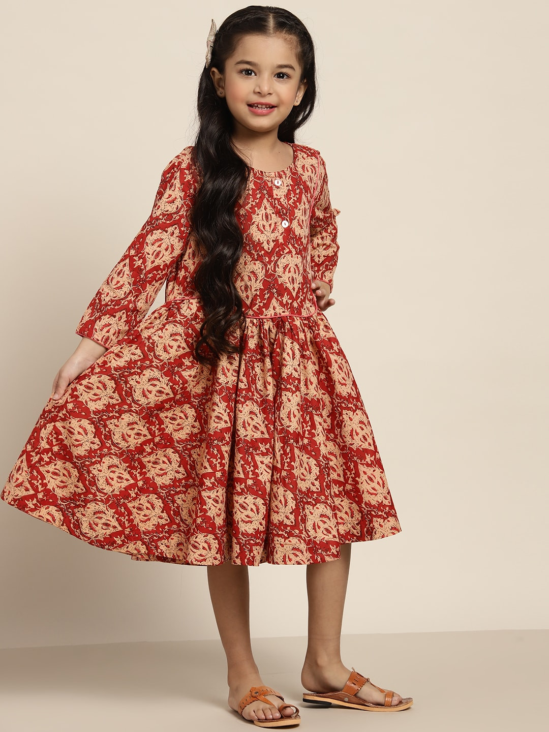 

Sangria Girls Rust Red & Beige Pure Cotton Ethnic Printed Fit & Flared Dress