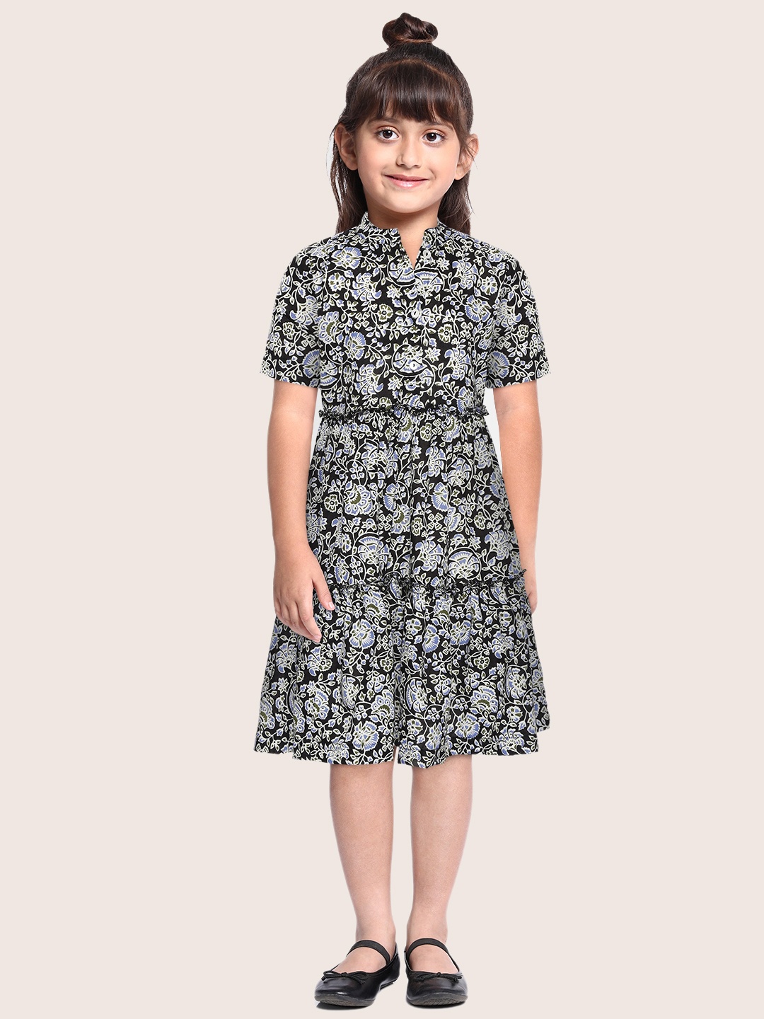 

Sangria Girls Ethnic Printed Pure Cotton Tiered A Line Dress, Black