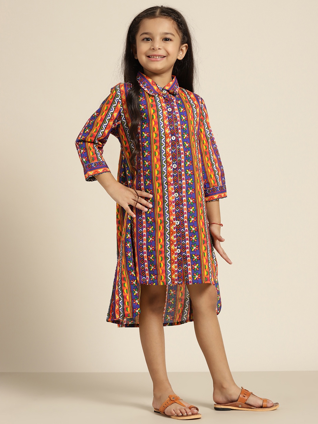 

Sangria Girls Multi-Coloured Striped & Geometric Print Pure Cotton Shirt Dress