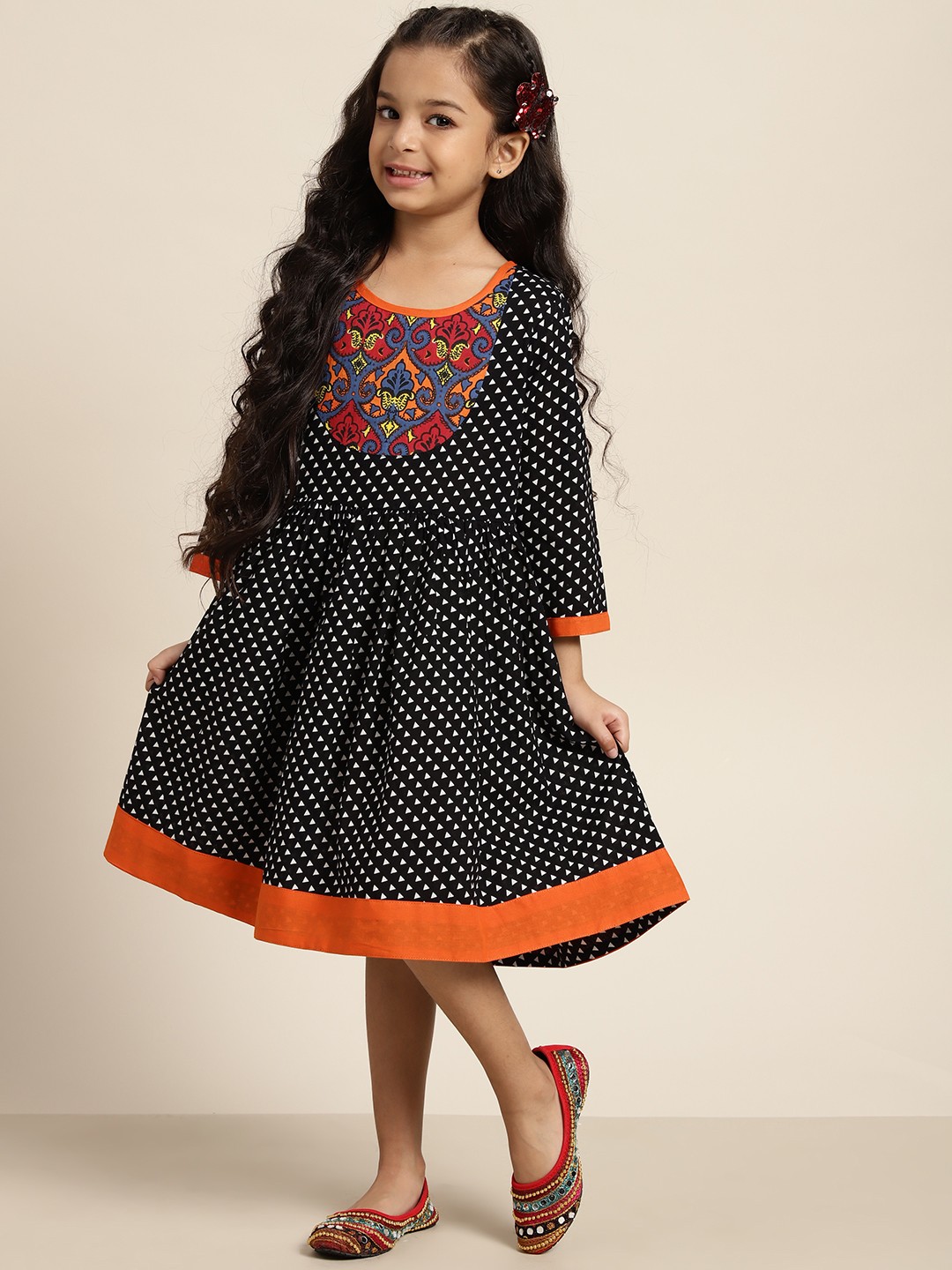 

Sangria Girls Black & White Geometric Print Pure Cotton A-Line Dress