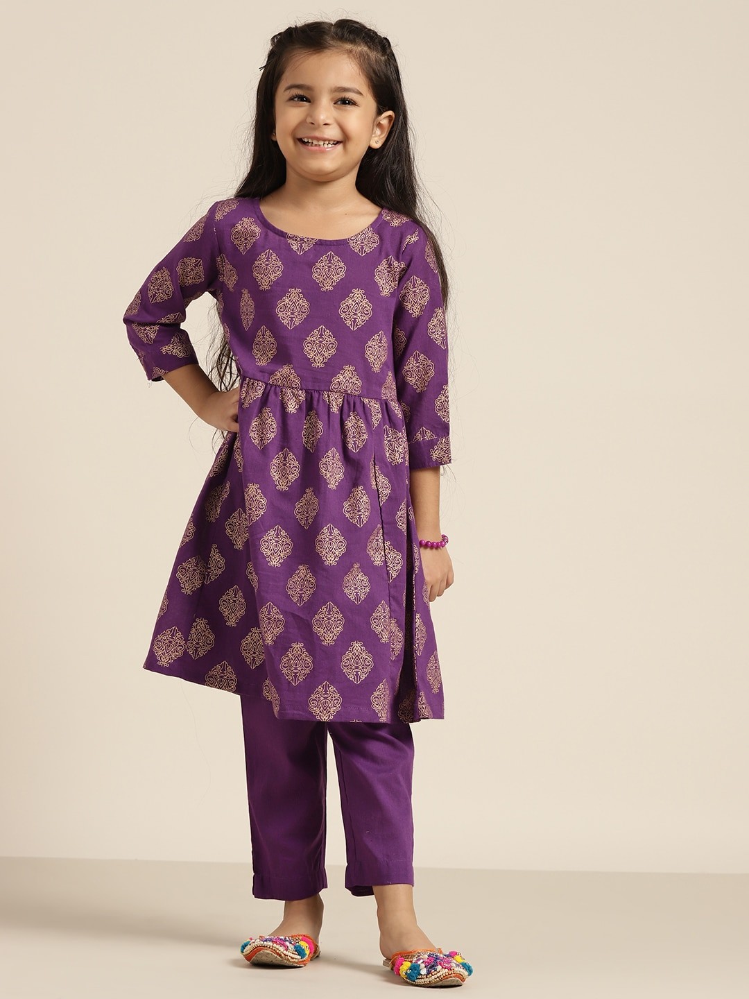 

Sangria Girls Purple & Golden Ethnic Print Pure Cotton Kurta with Trousers