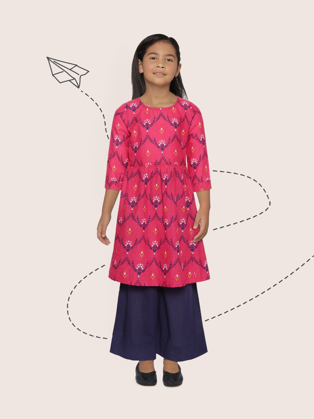 

Sangria Girls Pink & Navy Blue Floral Printed Pure Cotton Kurta with Solid Palazzos